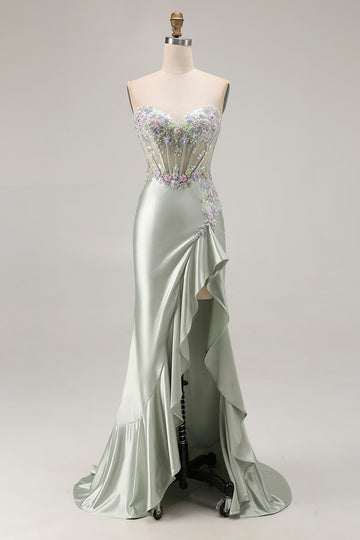 Strapless Appliqued Corset Ruffled Dusty Sage Prom Dress